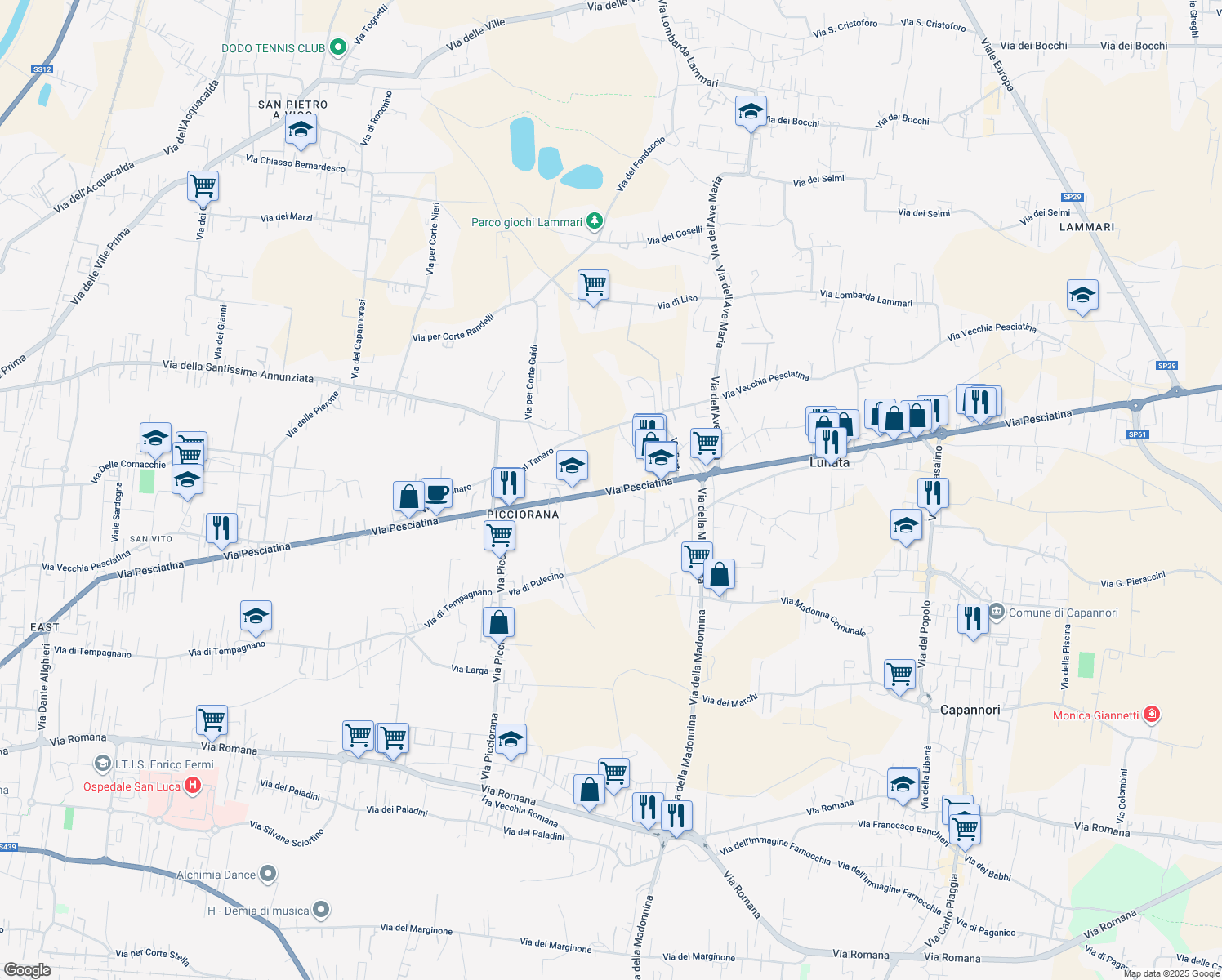 map of restaurants, bars, coffee shops, grocery stores, and more near 435 Via Pesciatina in Lucca
