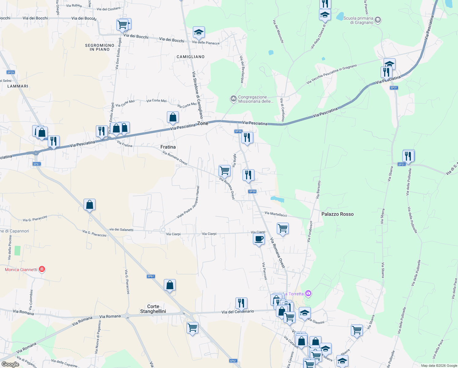 map of restaurants, bars, coffee shops, grocery stores, and more near 253 Via Romana Ovest in Porcari