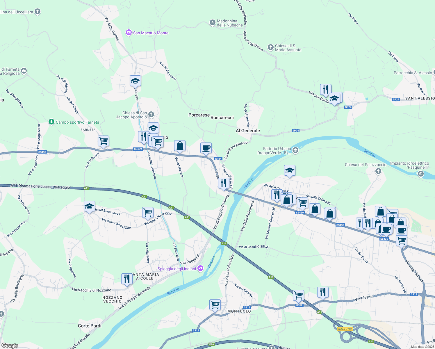 map of restaurants, bars, coffee shops, grocery stores, and more near 1491 Via Sarzanese in Lucca