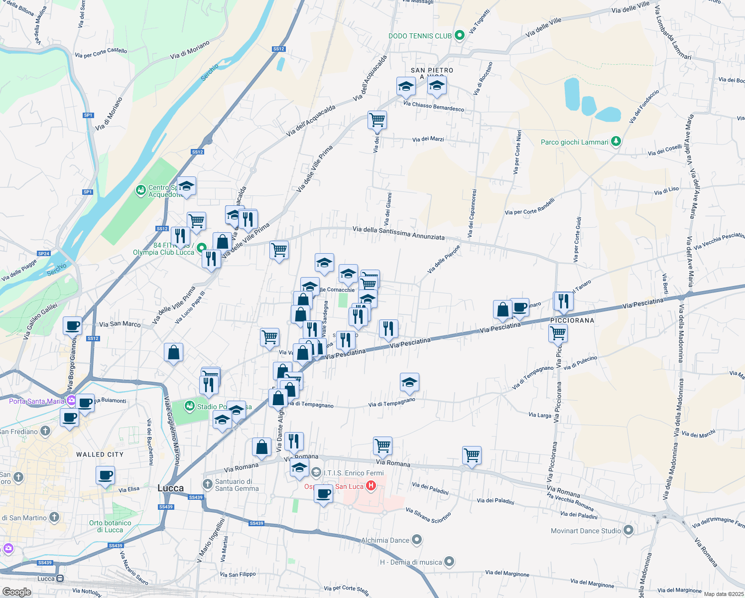 map of restaurants, bars, coffee shops, grocery stores, and more near 229 Via Giorgini Giovan Battista in Lucca