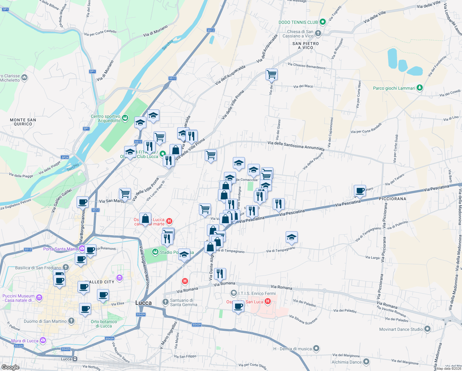 map of restaurants, bars, coffee shops, grocery stores, and more near 960 Via Cornacchie in Lucca