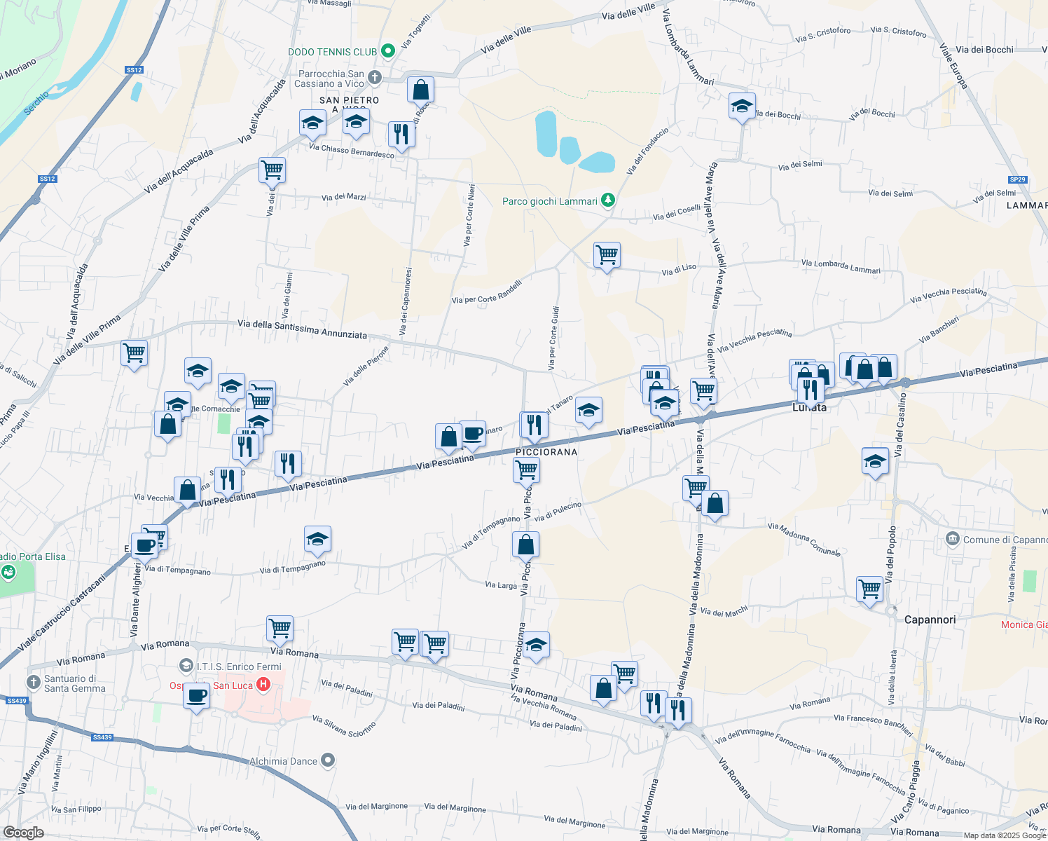 map of restaurants, bars, coffee shops, grocery stores, and more near 886 Via del Tanaro in Lucca