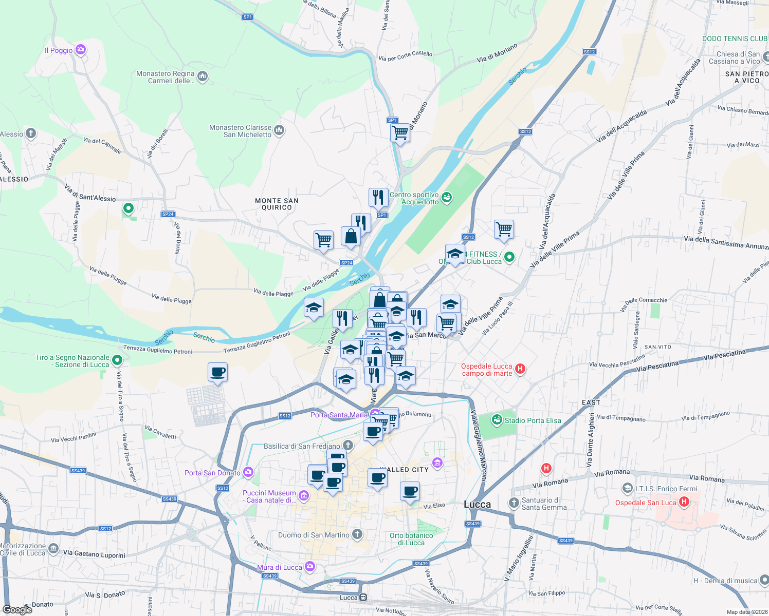 map of restaurants, bars, coffee shops, grocery stores, and more near 656 Via Borgo Giannotti in Lucca