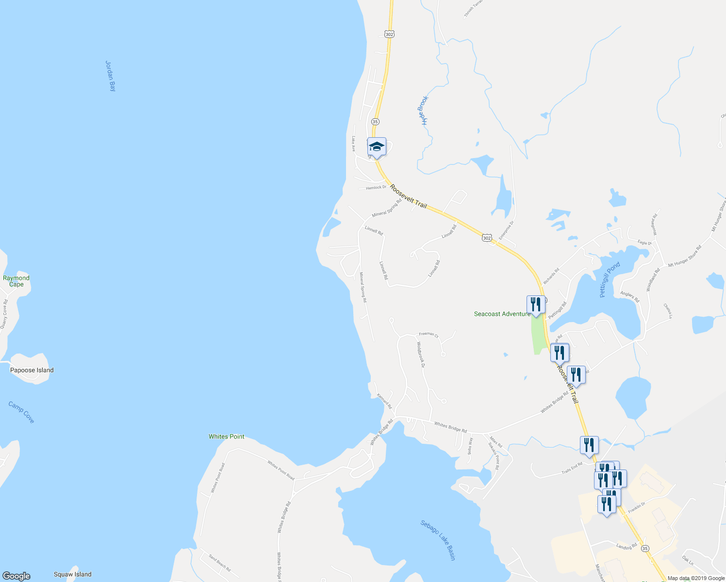 map of restaurants, bars, coffee shops, grocery stores, and more near 106 Mineral Spring Road in Windham