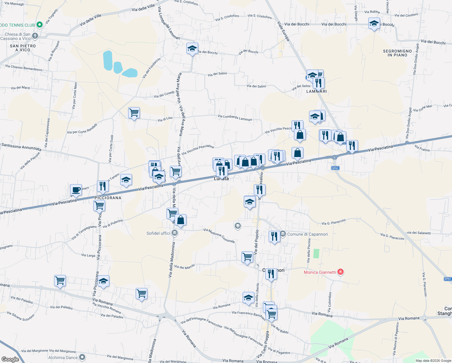 map of restaurants, bars, coffee shops, grocery stores, and more near 27 Via dell' Isola in Capannori