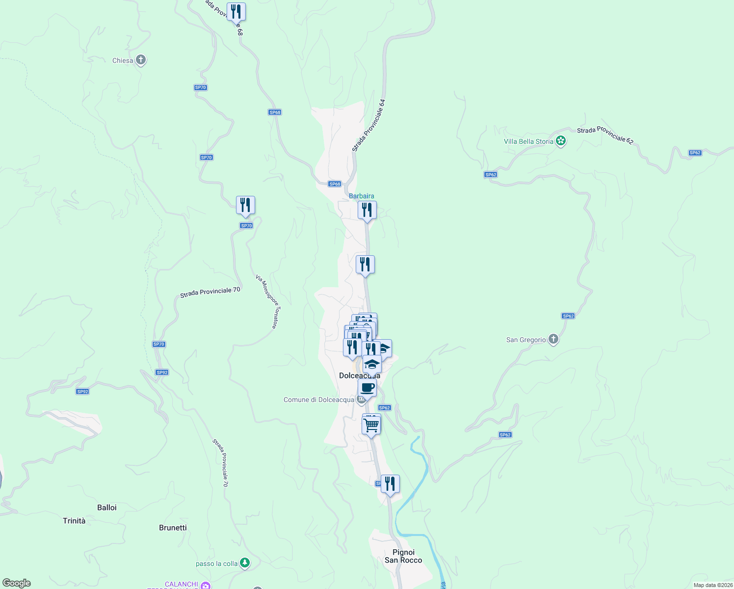 map of restaurants, bars, coffee shops, grocery stores, and more near 34 Via Provinciale in Dolceacqua
