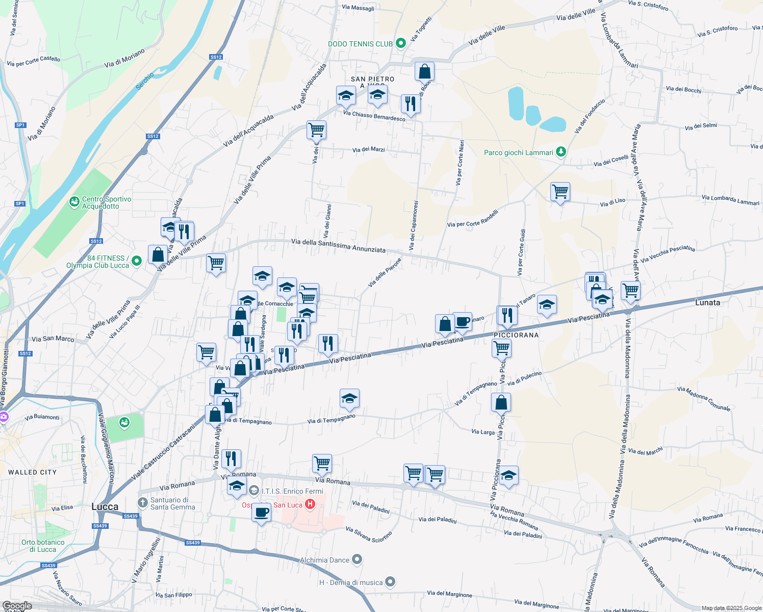 map of restaurants, bars, coffee shops, grocery stores, and more near 201 Via Beppe Fenoglio in Lucca