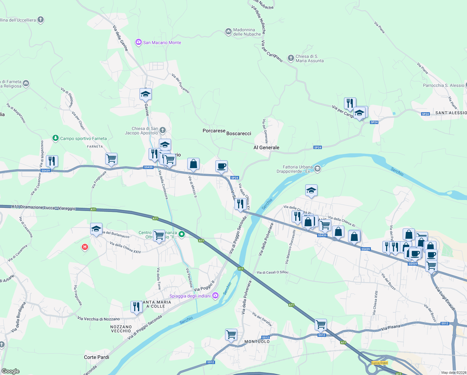 map of restaurants, bars, coffee shops, grocery stores, and more near 1980 Via Sarzanese in Lucca