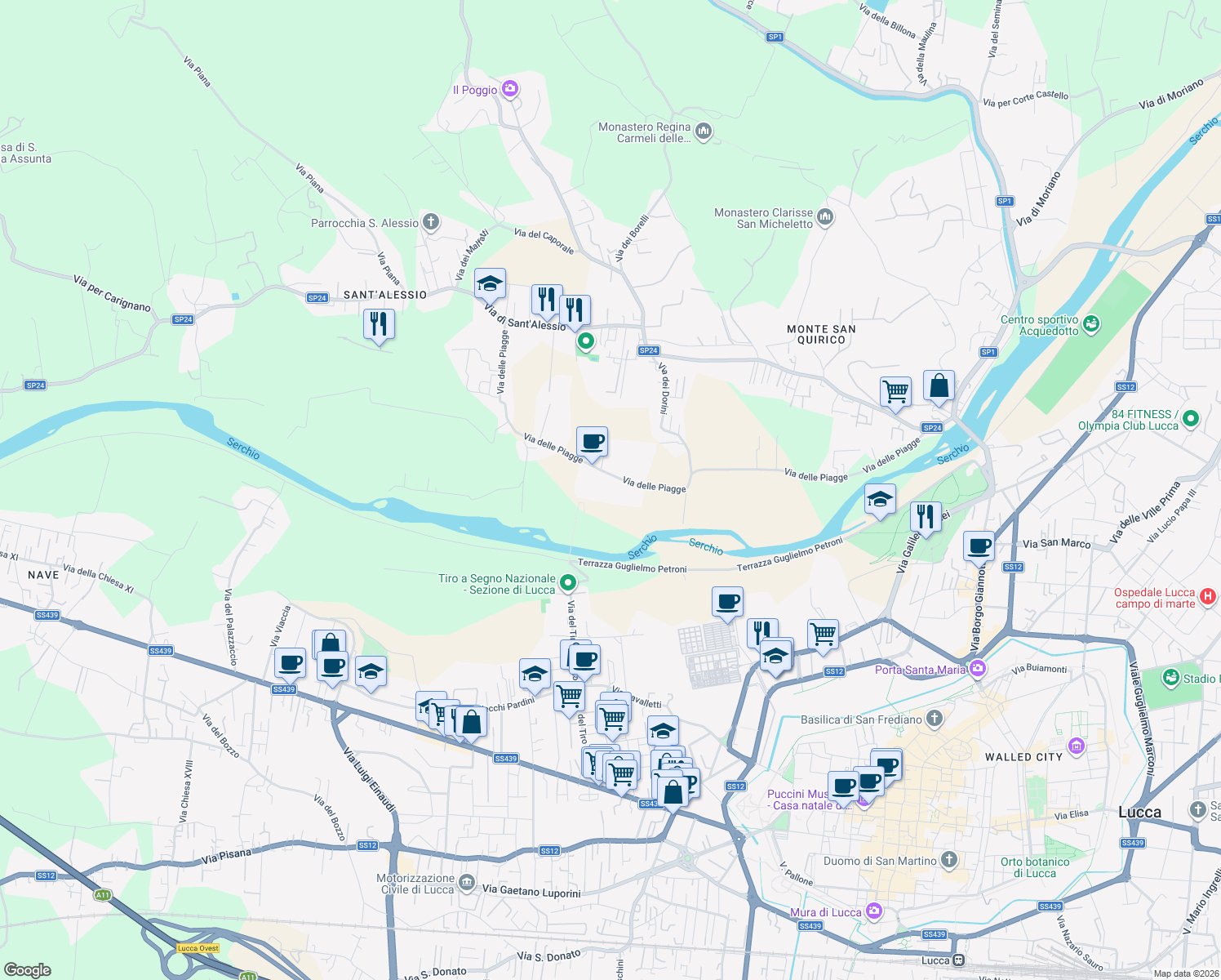 map of restaurants, bars, coffee shops, grocery stores, and more near 1352 Via delle Piagge in Lucca