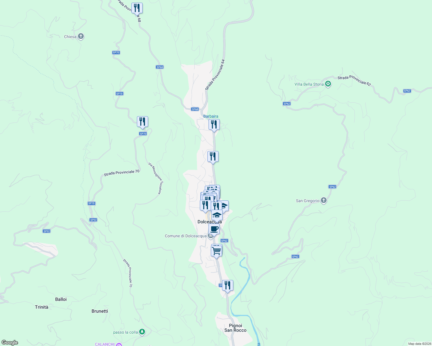 map of restaurants, bars, coffee shops, grocery stores, and more near 34 Via Provinciale in Dolceacqua