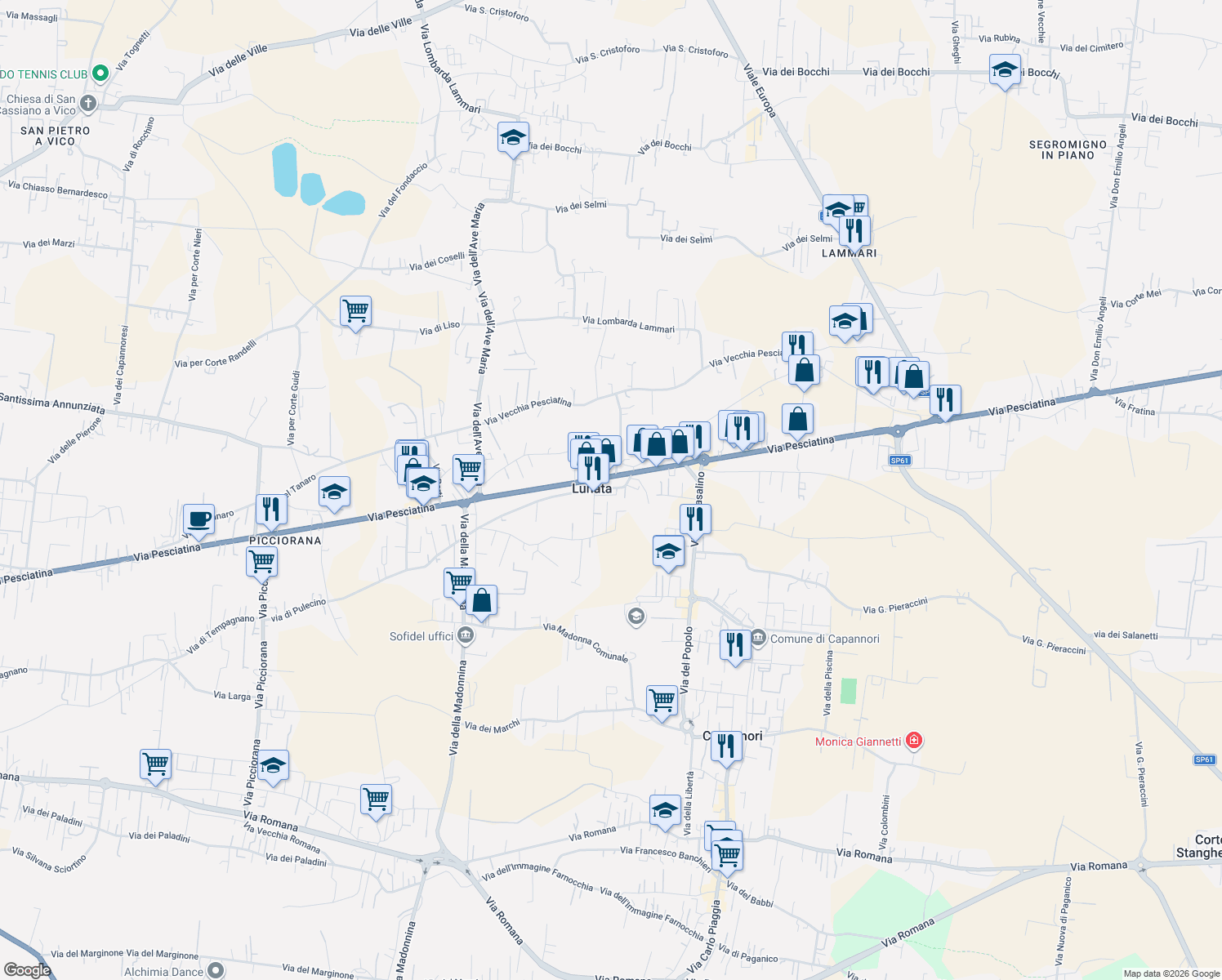 map of restaurants, bars, coffee shops, grocery stores, and more near 27 Via dell' Isola in Capannori