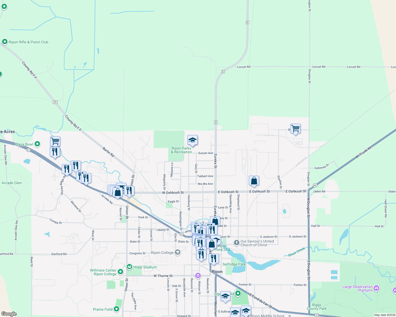 map of restaurants, bars, coffee shops, grocery stores, and more near 677 Gary Street in Ripon