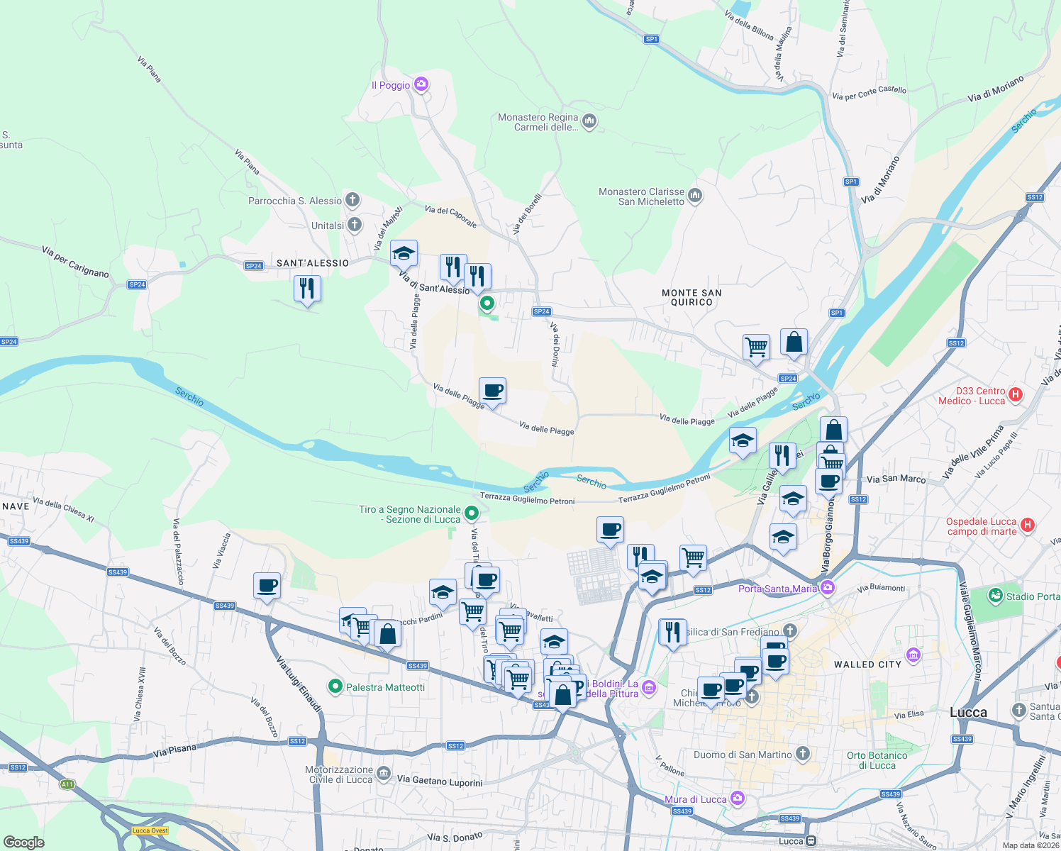 map of restaurants, bars, coffee shops, grocery stores, and more near 1352 Via delle Piagge in Lucca