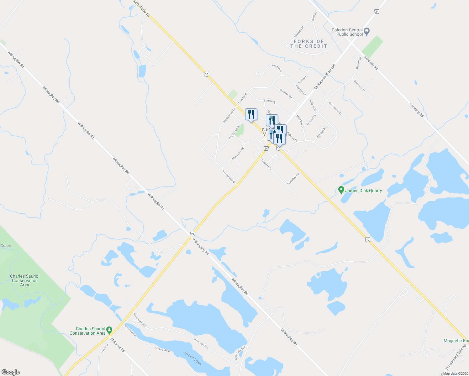 map of restaurants, bars, coffee shops, grocery stores, and more near 2140 Charleston Sideroad in Caledon