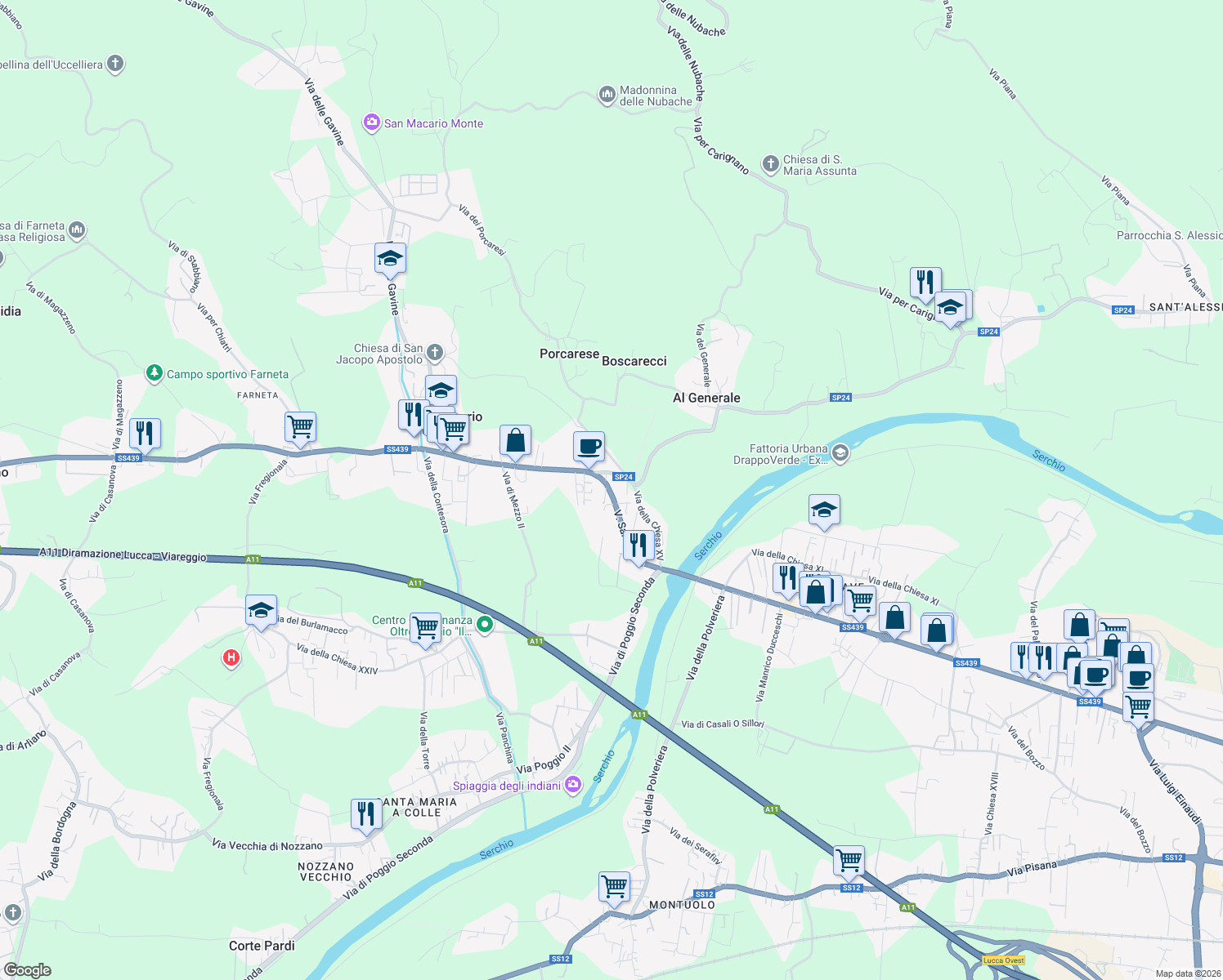 map of restaurants, bars, coffee shops, grocery stores, and more near 1980 Via Sarzanese in Lucca