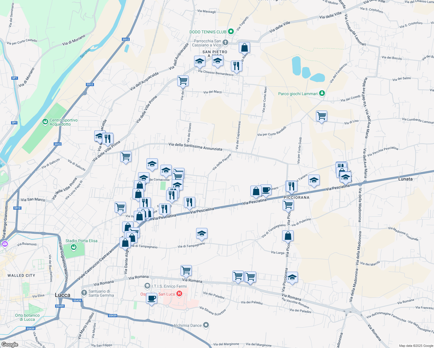 map of restaurants, bars, coffee shops, grocery stores, and more near 201 Via Beppe Fenoglio in Lucca