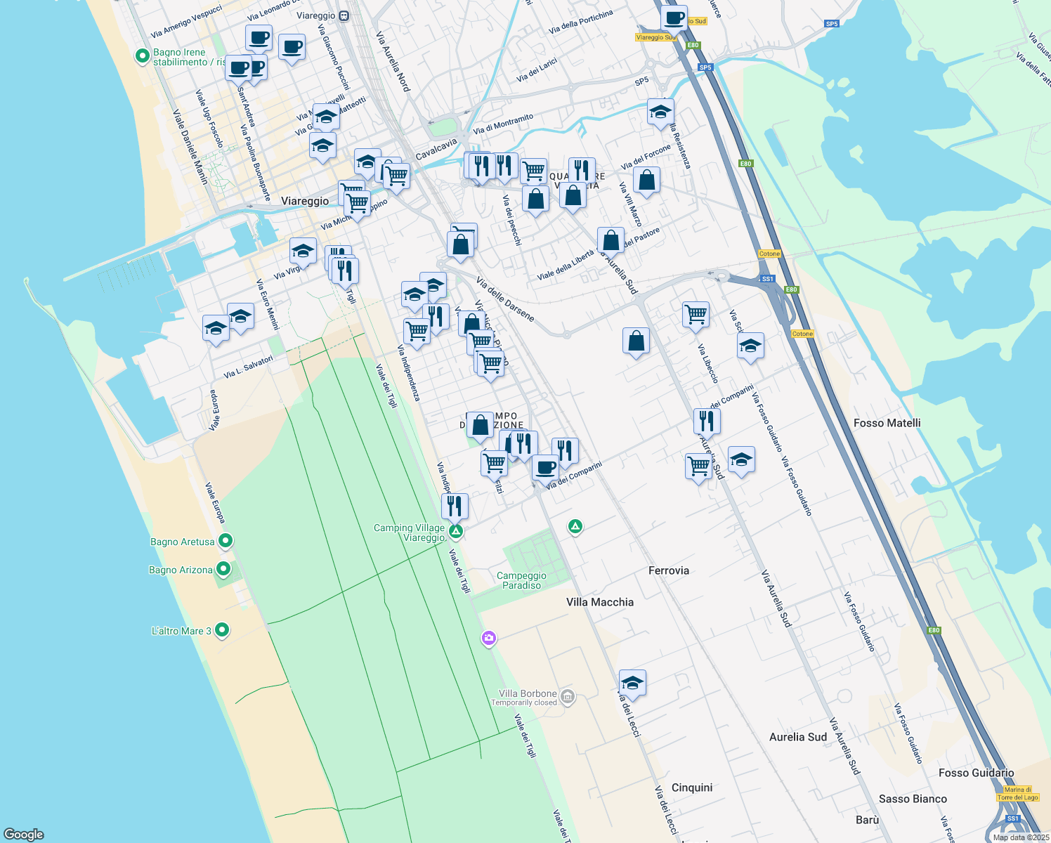 map of restaurants, bars, coffee shops, grocery stores, and more near 93-95 Via dei Lecci in Viareggio