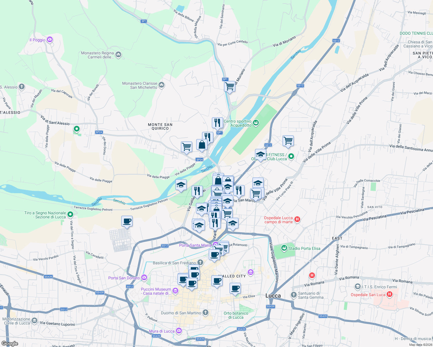 map of restaurants, bars, coffee shops, grocery stores, and more near 656 Via Borgo Giannotti in Lucca