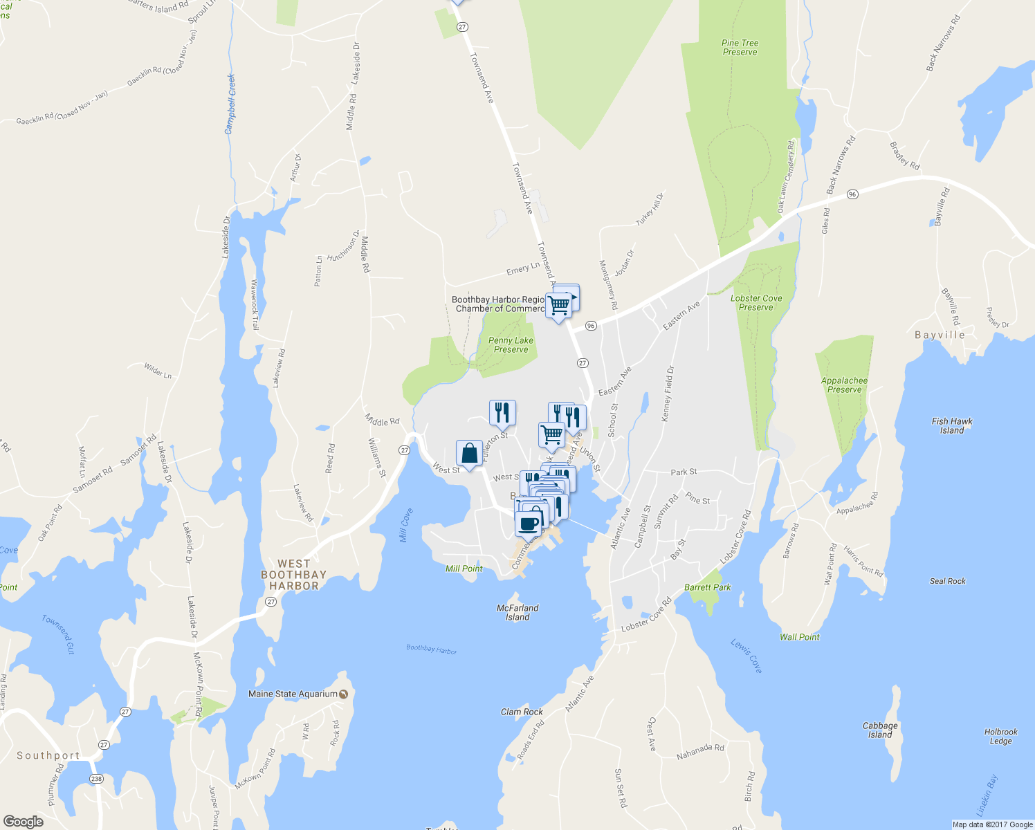 map of restaurants, bars, coffee shops, grocery stores, and more near 20 Paine Road in Boothbay Harbor