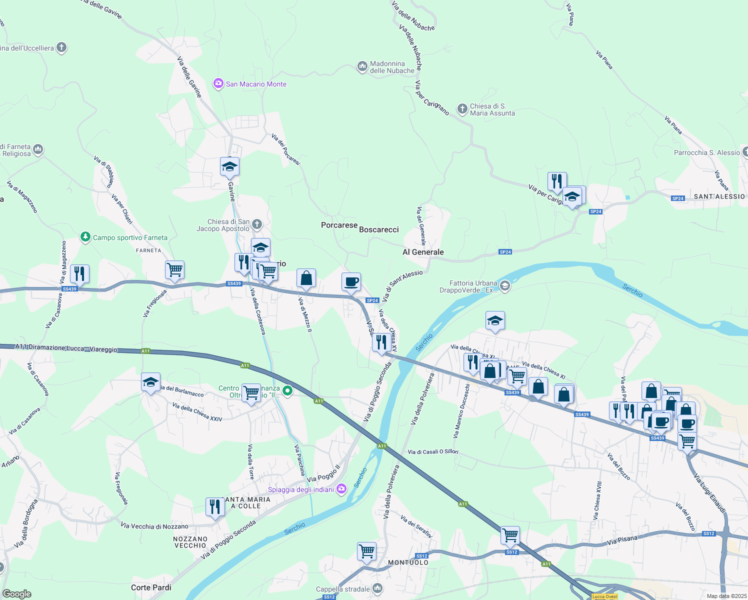map of restaurants, bars, coffee shops, grocery stores, and more near Via della Chiesa XXIII in Lucca