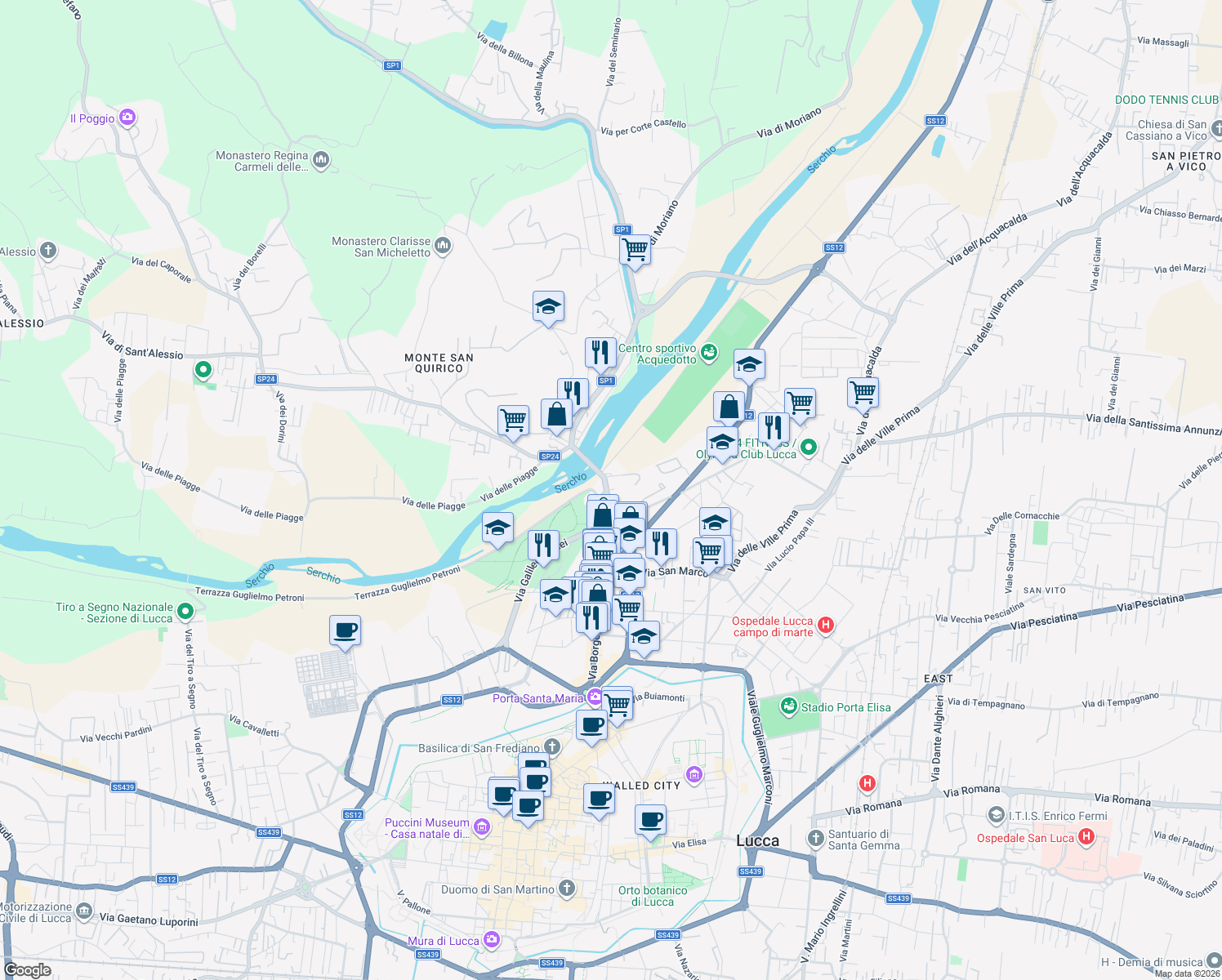 map of restaurants, bars, coffee shops, grocery stores, and more near 50 Via Della Macchia in Lucca