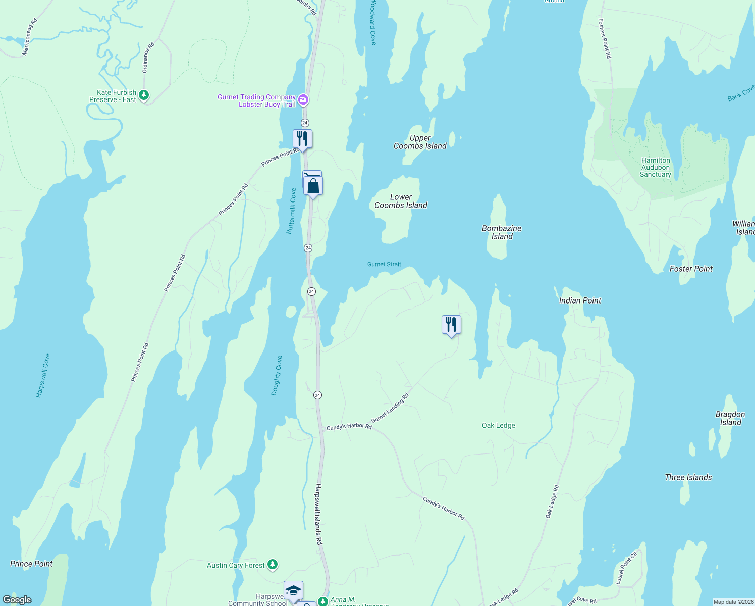 map of restaurants, bars, coffee shops, grocery stores, and more near 149 Indian Rest Road in Harpswell