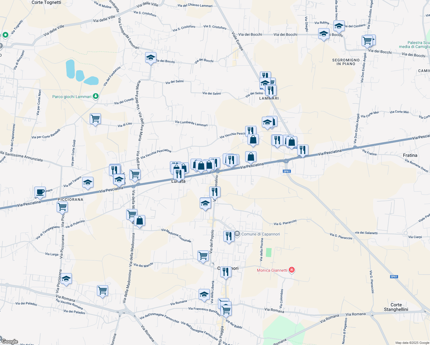 map of restaurants, bars, coffee shops, grocery stores, and more near 1 Via Banchieri in Capannori