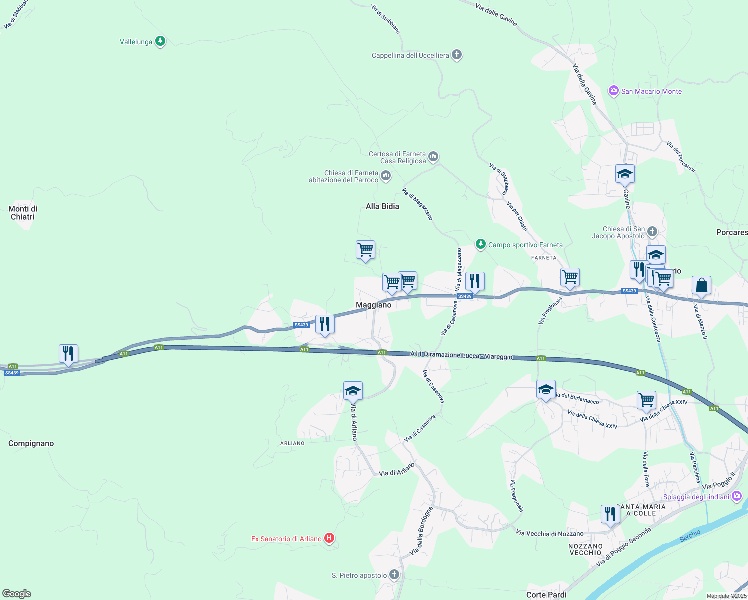 map of restaurants, bars, coffee shops, grocery stores, and more near 38 Via delle Scuole in Lucca