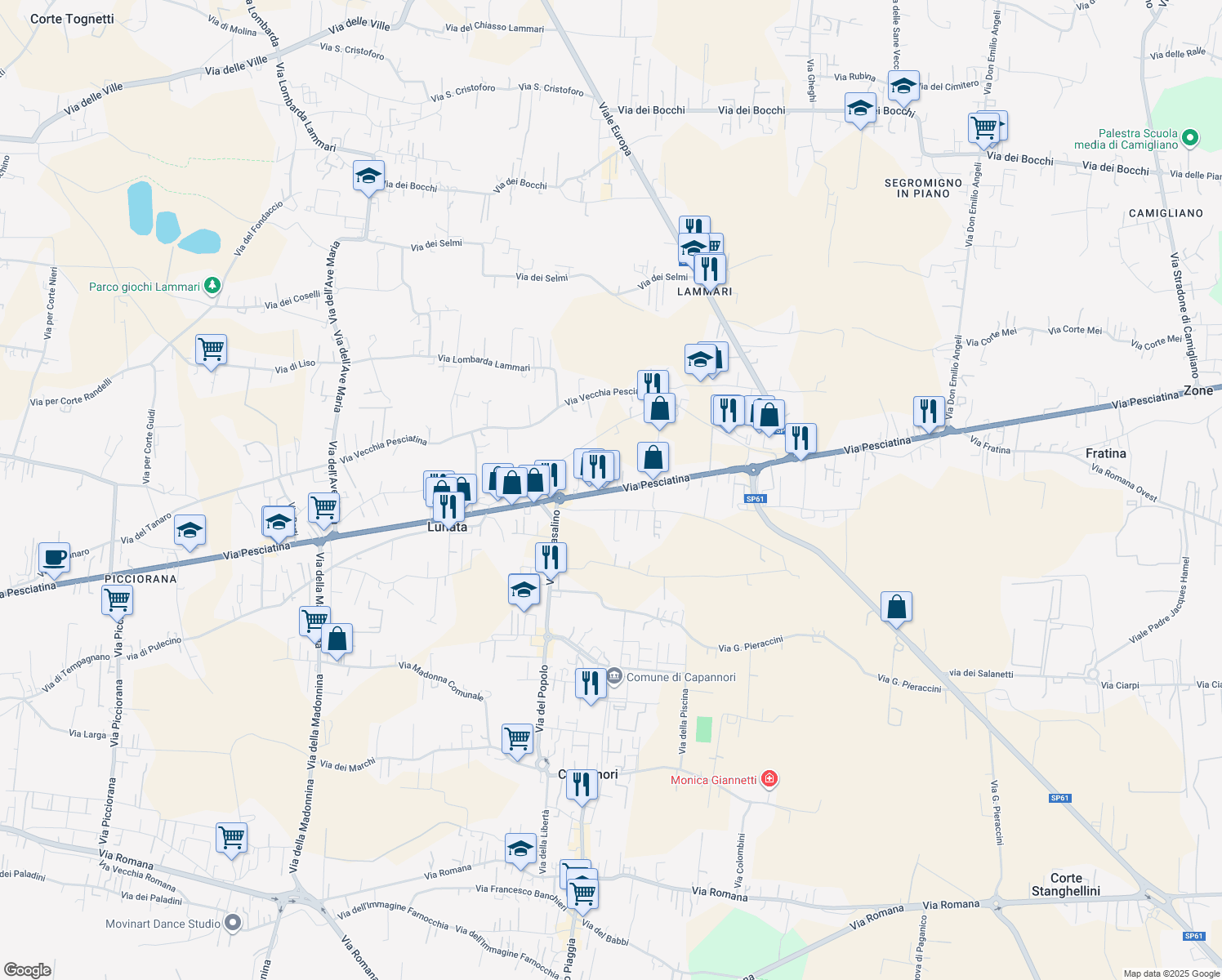 map of restaurants, bars, coffee shops, grocery stores, and more near 145 Via Pesciatina in Lucca