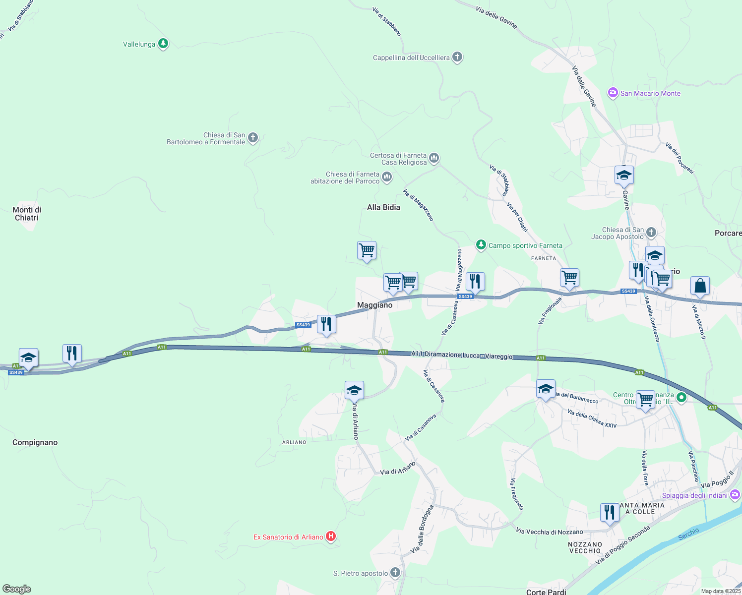 map of restaurants, bars, coffee shops, grocery stores, and more near in Lucca
