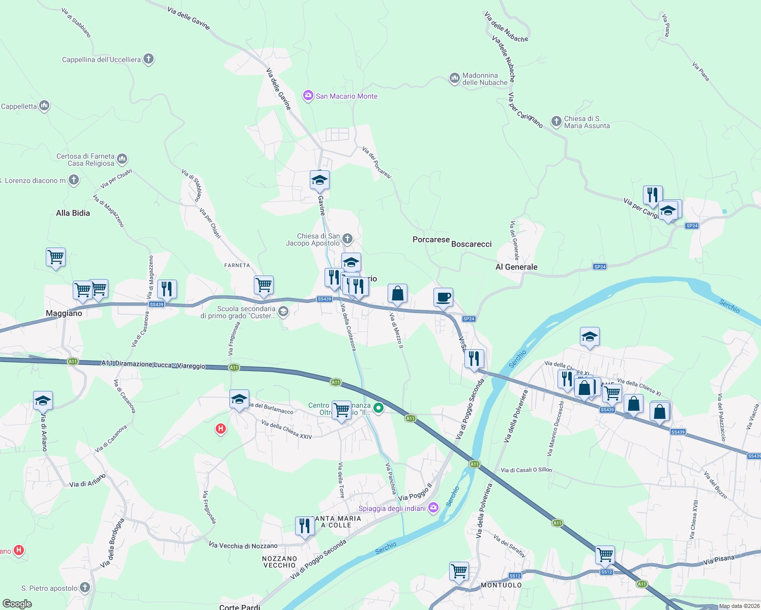 map of restaurants, bars, coffee shops, grocery stores, and more near 2624 Via Sarzanese in Lucca