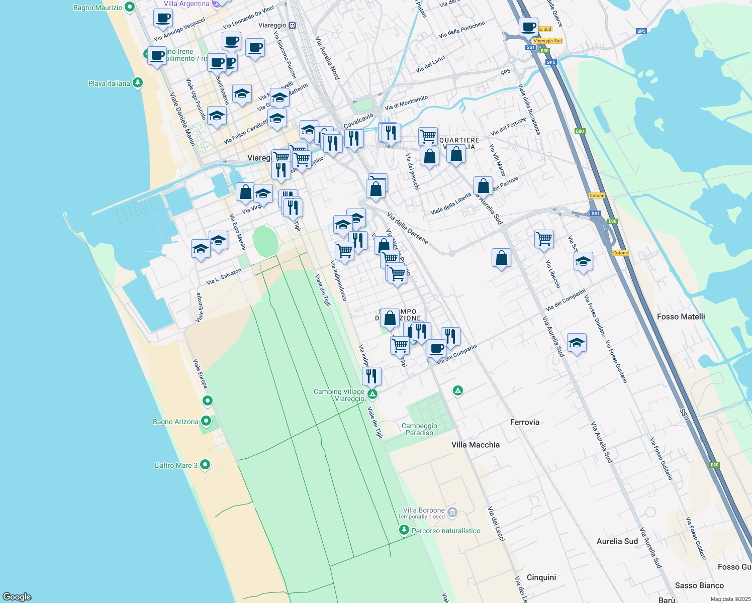 map of restaurants, bars, coffee shops, grocery stores, and more near 47 Via A. de Ambris in Viareggio