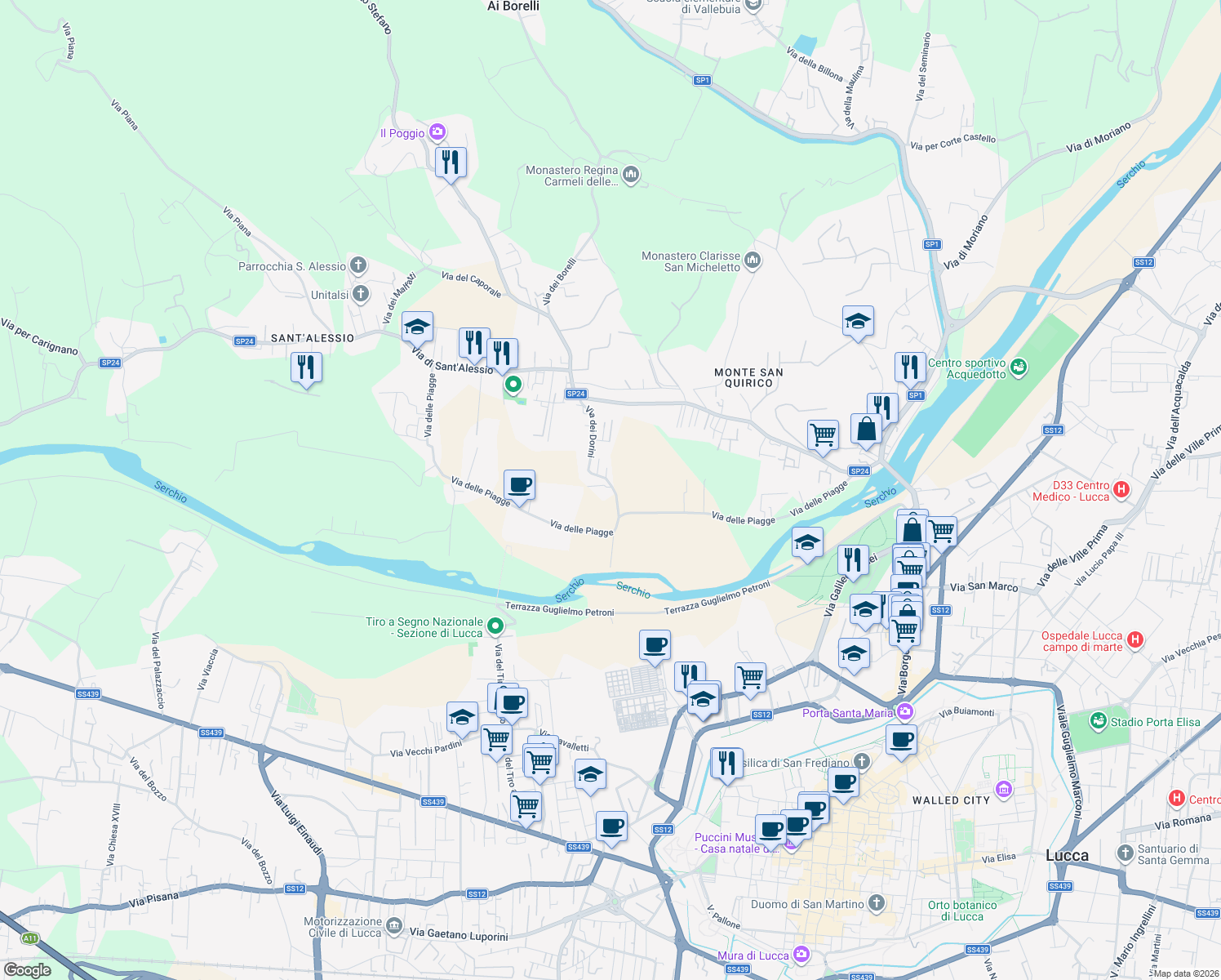 map of restaurants, bars, coffee shops, grocery stores, and more near 452 Via dei Dorini in Lucca