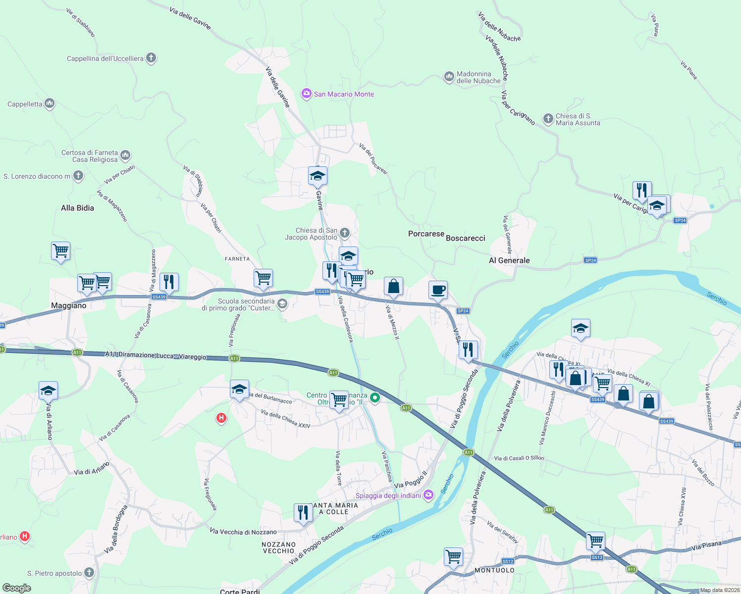 map of restaurants, bars, coffee shops, grocery stores, and more near 2624 Via Sarzanese in Lucca