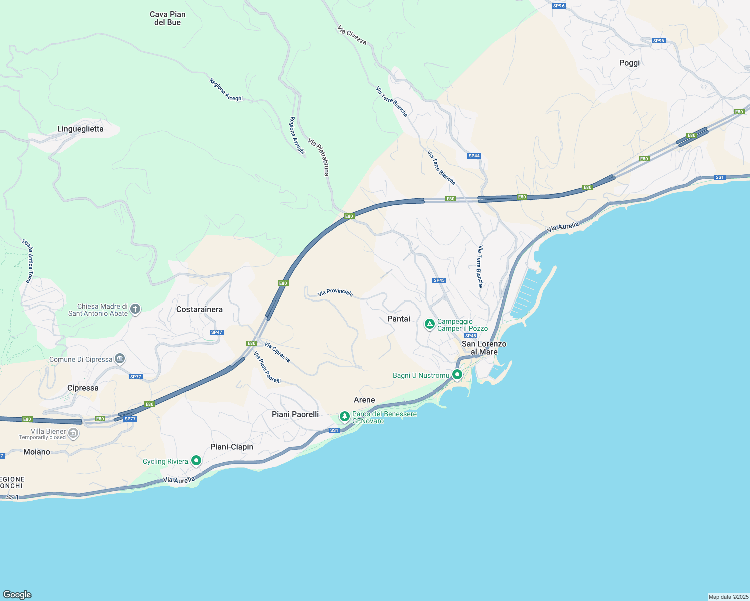 map of restaurants, bars, coffee shops, grocery stores, and more near 52 Via Provinciale in Pantai