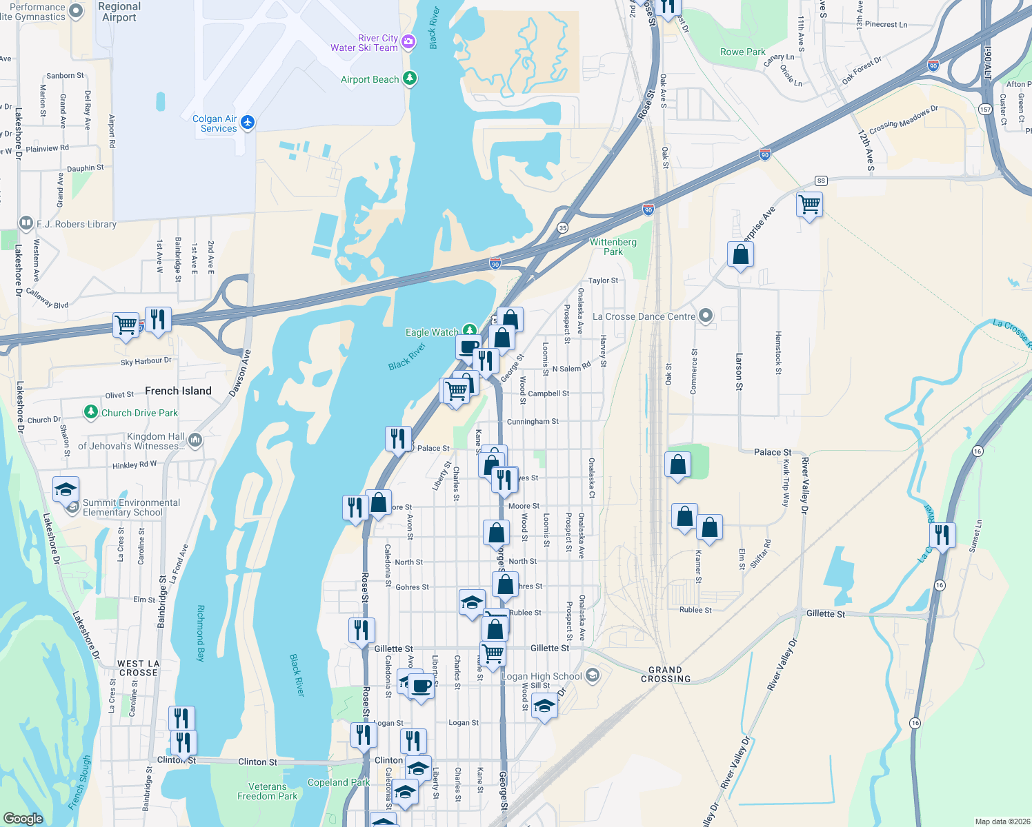 map of restaurants, bars, coffee shops, grocery stores, and more near 2411 Wood Street in La Crosse