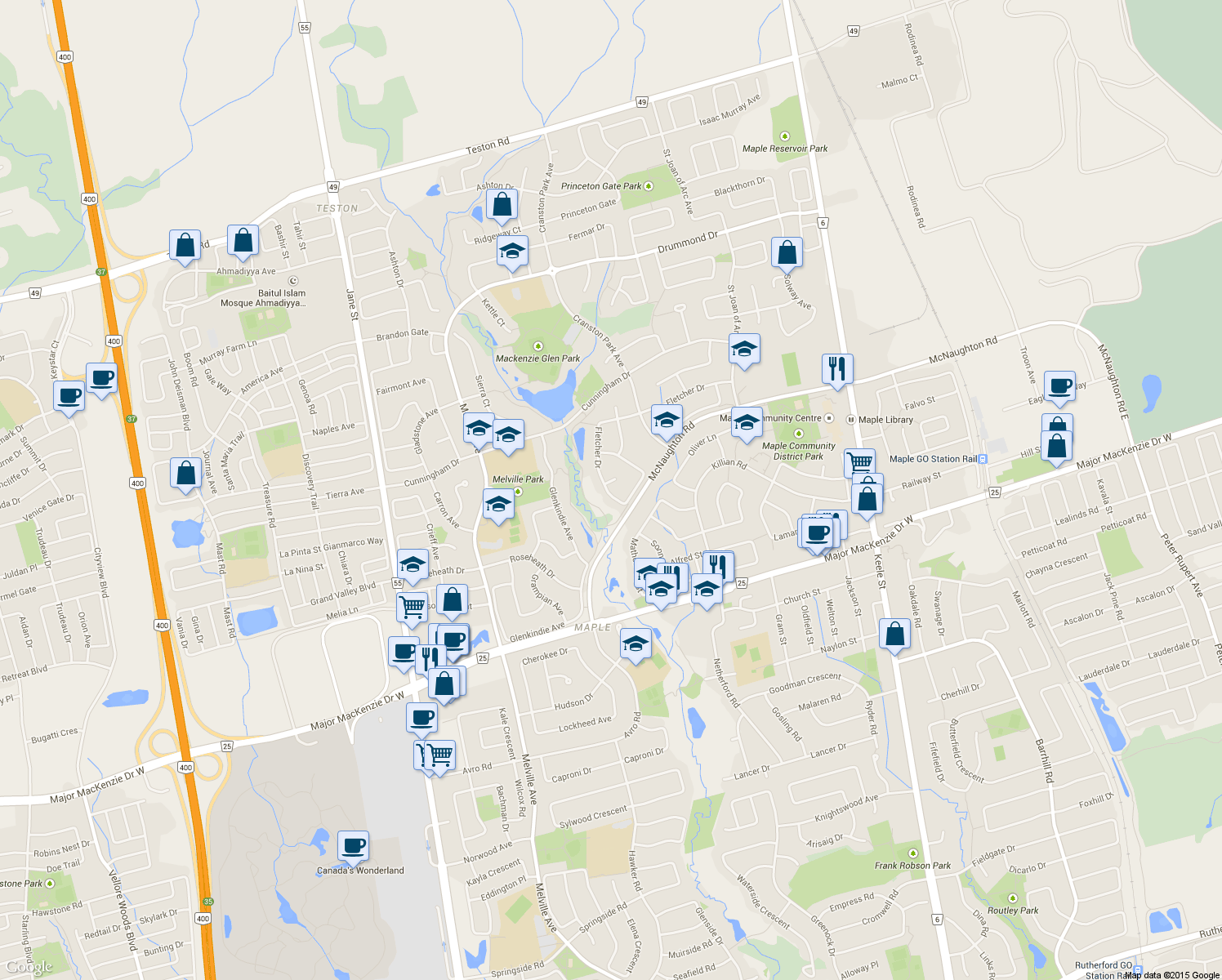 map of restaurants, bars, coffee shops, grocery stores, and more near 205 Fletcher Drive in Vaughan