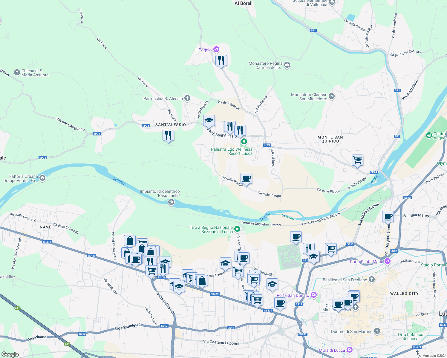 map of restaurants, bars, coffee shops, grocery stores, and more near 31/C Via dei Piaggesi in Lucca