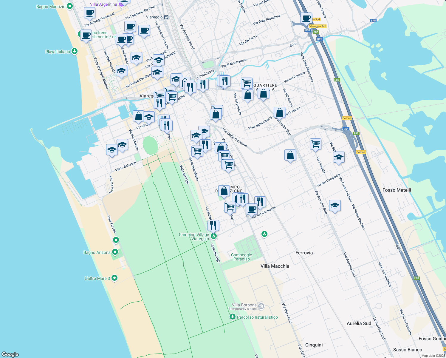 map of restaurants, bars, coffee shops, grocery stores, and more near 47 Via A. de Ambris in Viareggio