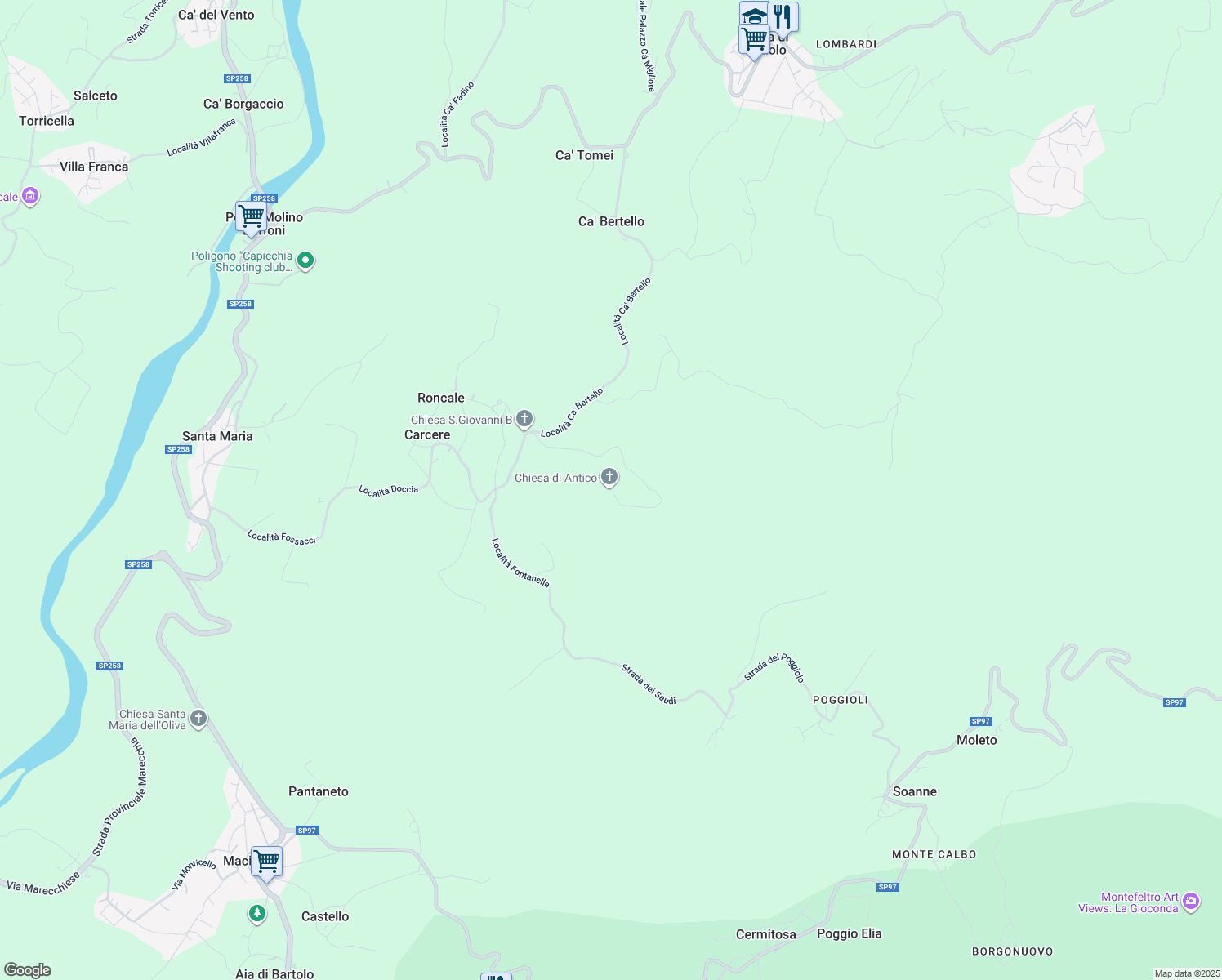 map of restaurants, bars, coffee shops, grocery stores, and more near 48 Località Antico Alto in Provincia di Rimini