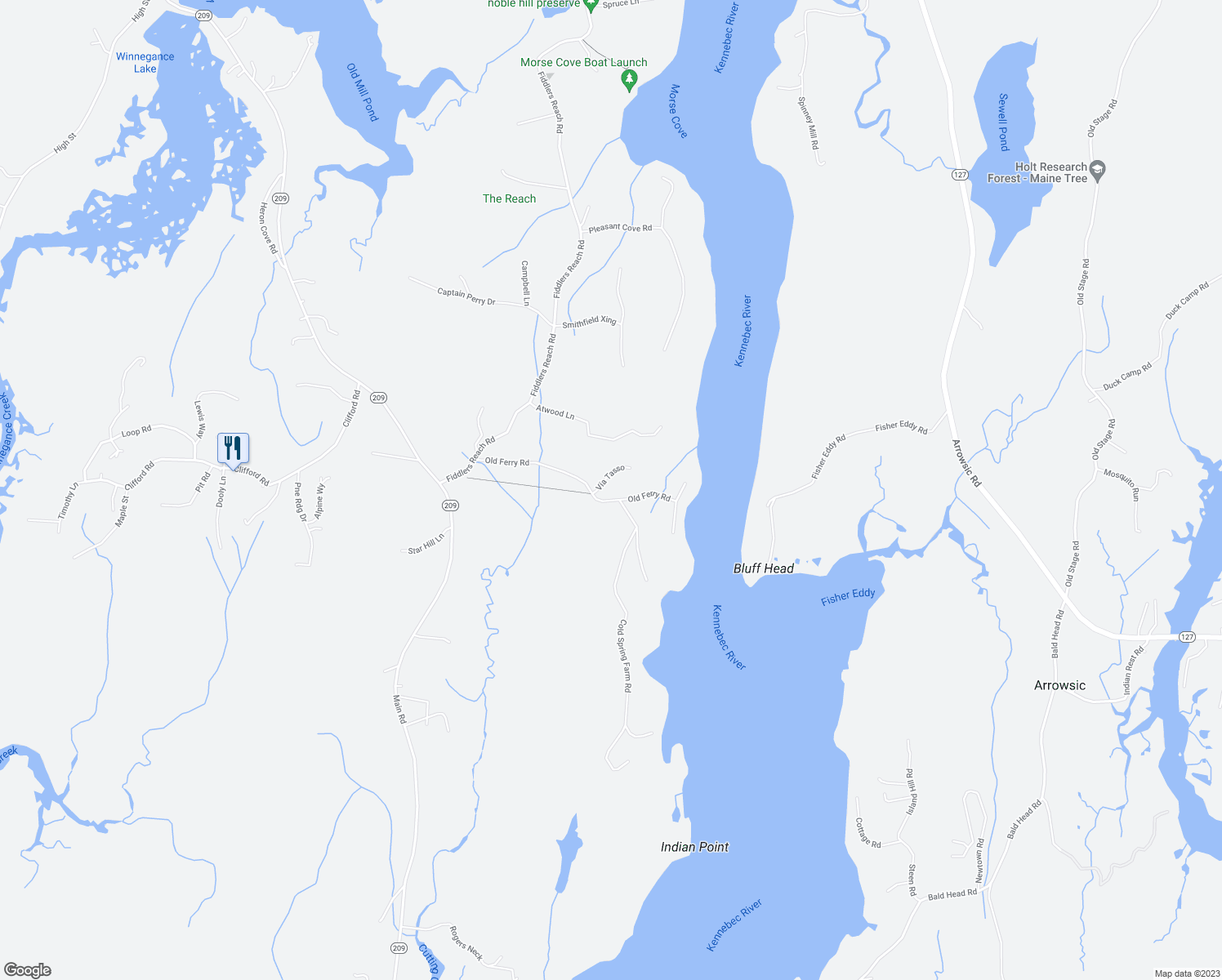 map of restaurants, bars, coffee shops, grocery stores, and more near 84 Old Ferry Road in Phippsburg