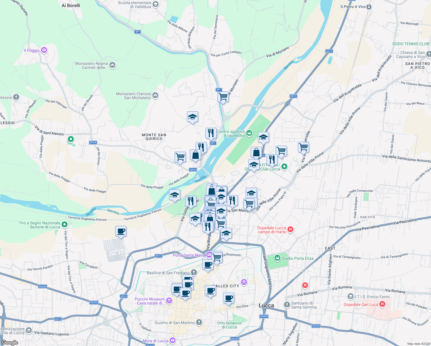 map of restaurants, bars, coffee shops, grocery stores, and more near 50 Via Della Macchia in Lucca