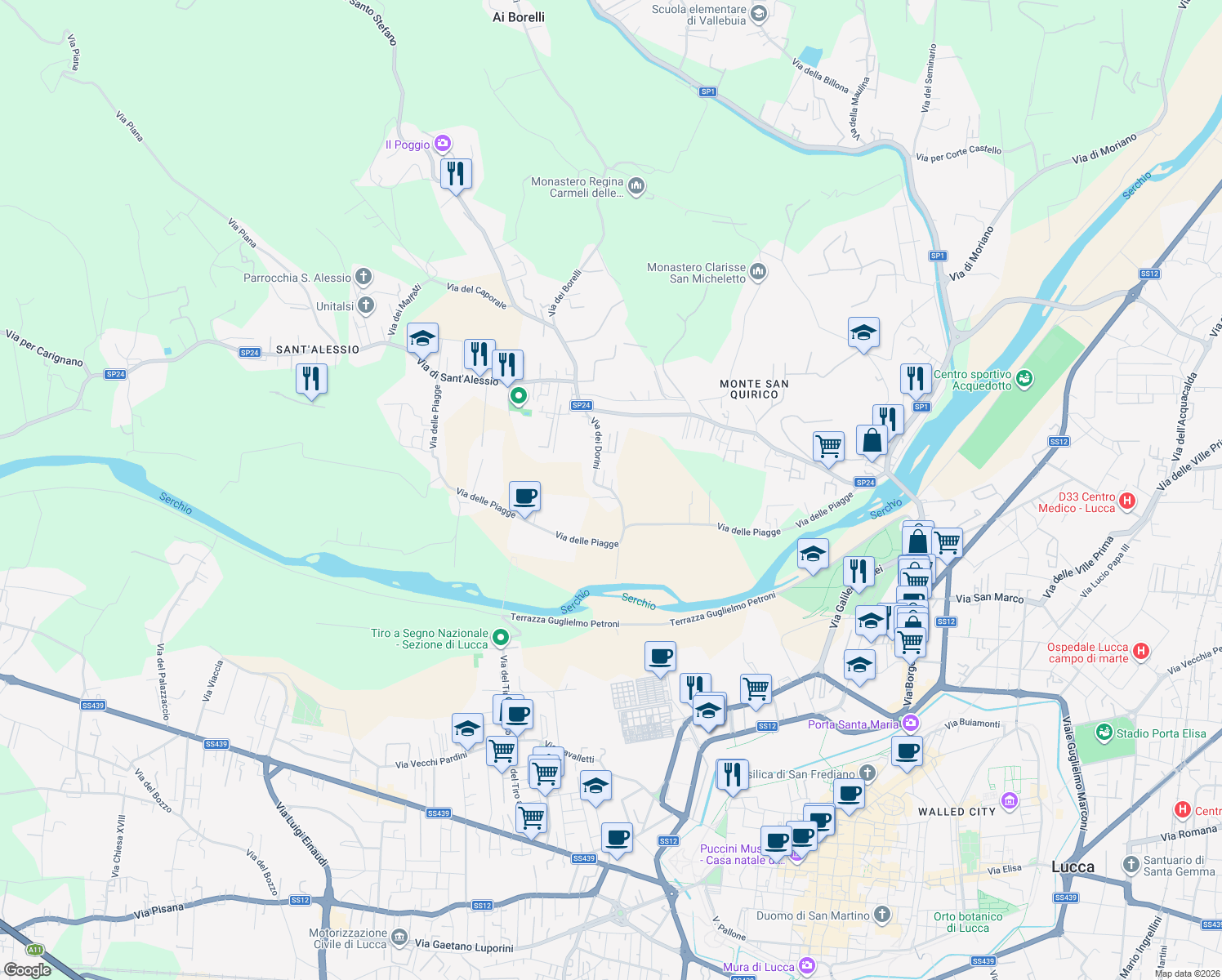 map of restaurants, bars, coffee shops, grocery stores, and more near 452 Via dei Dorini in Lucca