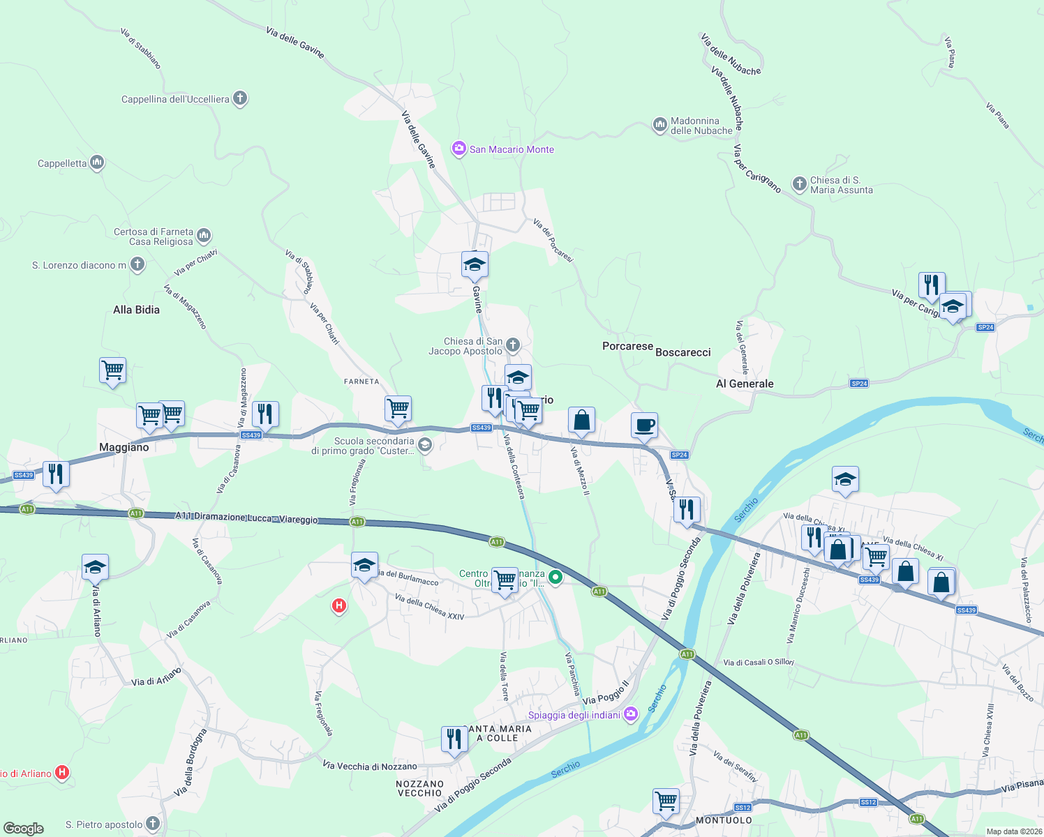 map of restaurants, bars, coffee shops, grocery stores, and more near 2601-2779 Strada Statale 439 in Lucca