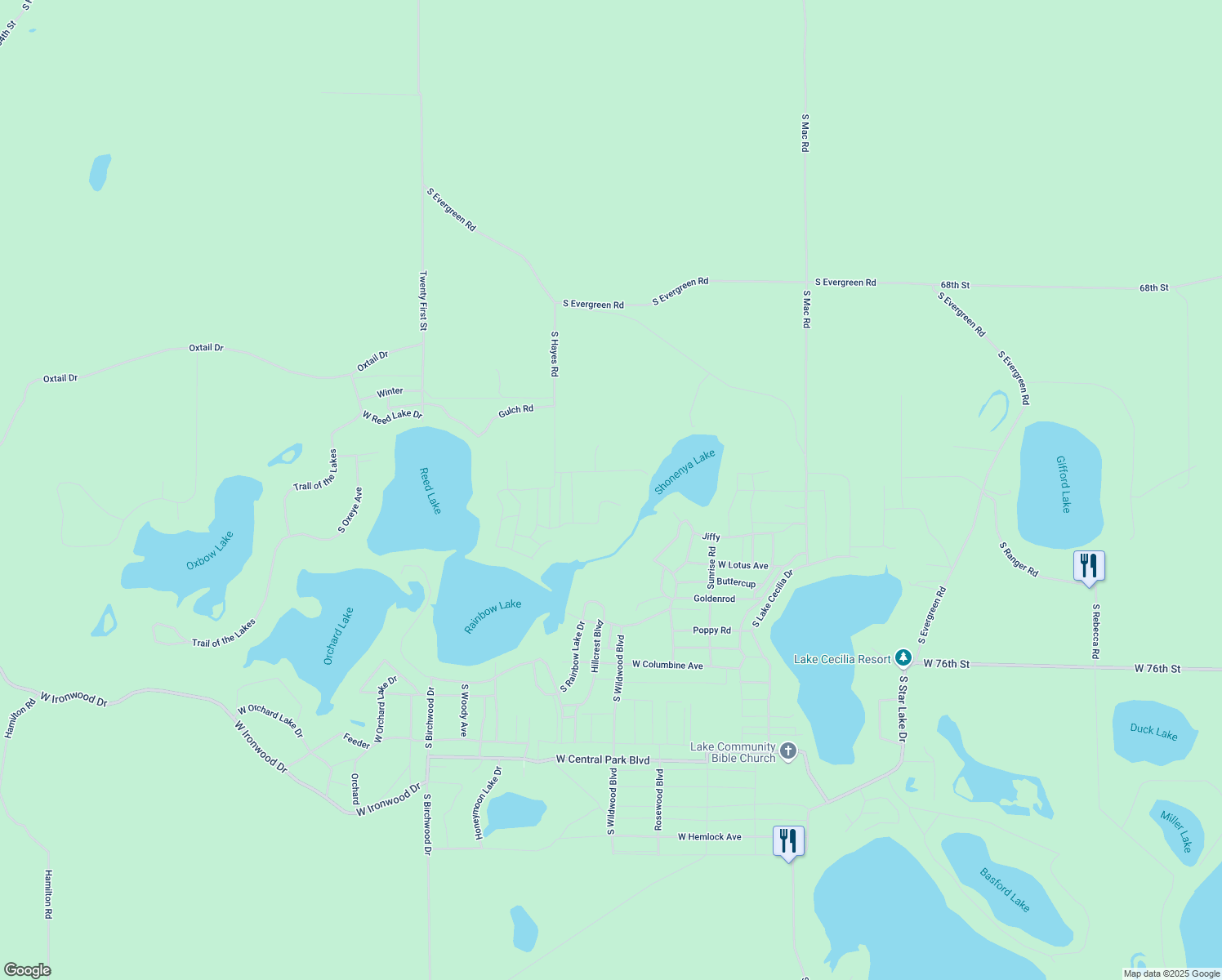 map of restaurants, bars, coffee shops, grocery stores, and more near 9099 South Larson Avenue in Baldwin
