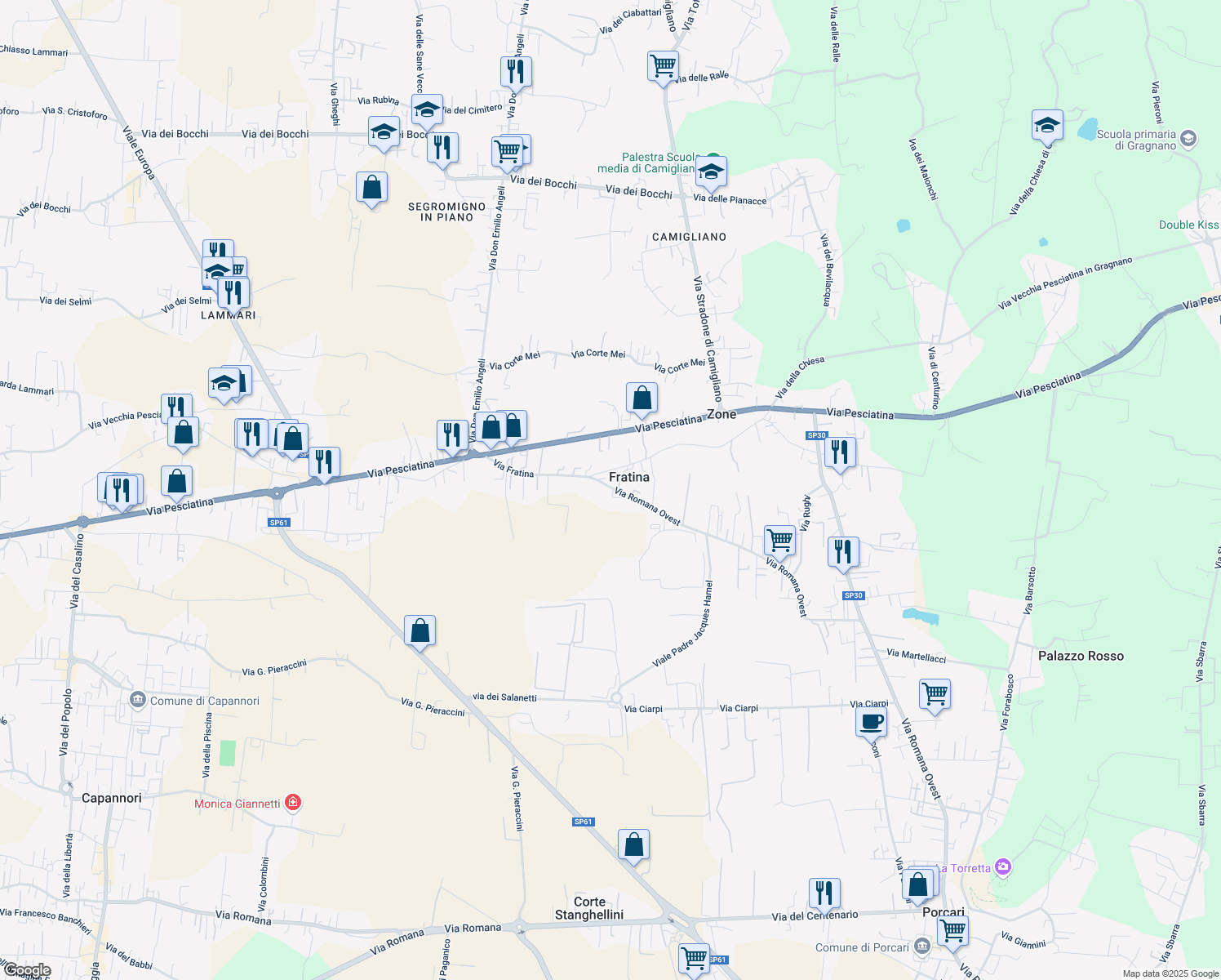 map of restaurants, bars, coffee shops, grocery stores, and more near 42/V Via Romana Ovest in Porcari