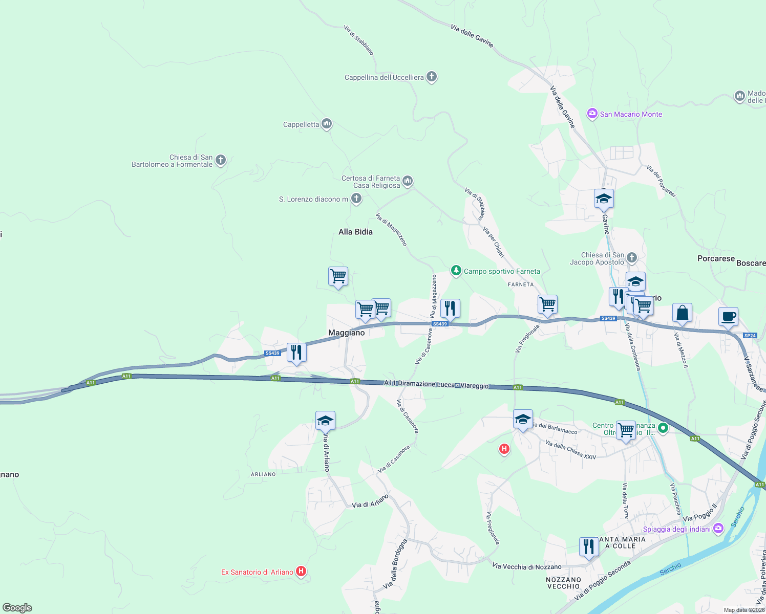 map of restaurants, bars, coffee shops, grocery stores, and more near in Province of Lucca