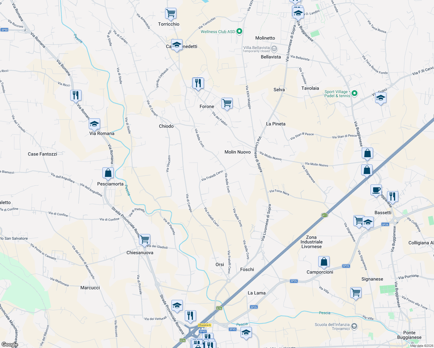 map of restaurants, bars, coffee shops, grocery stores, and more near 43 Via delle Corti in Provincia di Pistoia