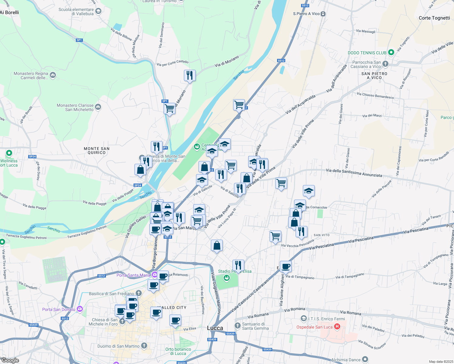 map of restaurants, bars, coffee shops, grocery stores, and more near 294 Via dei Bichi in Lucca