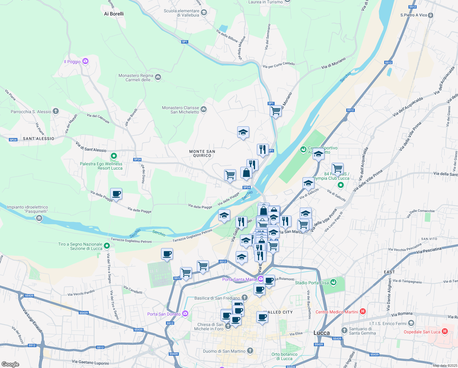 map of restaurants, bars, coffee shops, grocery stores, and more near 318 Via di Sant'Alessio in Lucca
